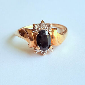 10K Solid Yellow Gold Leer Gem .30 CT Natural Dark Blue Sapphire & Diamond Ring